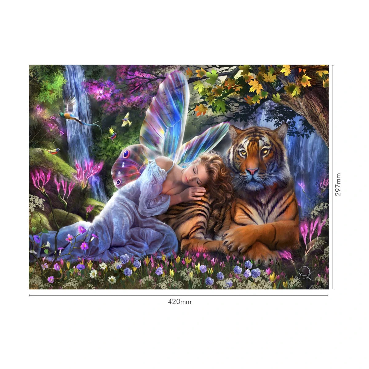 Waterfall Whispers 200 piece puzzle size guide showing finished size 420 by 297 mm