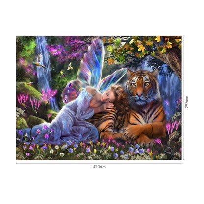 Waterfall Whispers 200 piece puzzle size guide showing finished size 420 by 297 mm