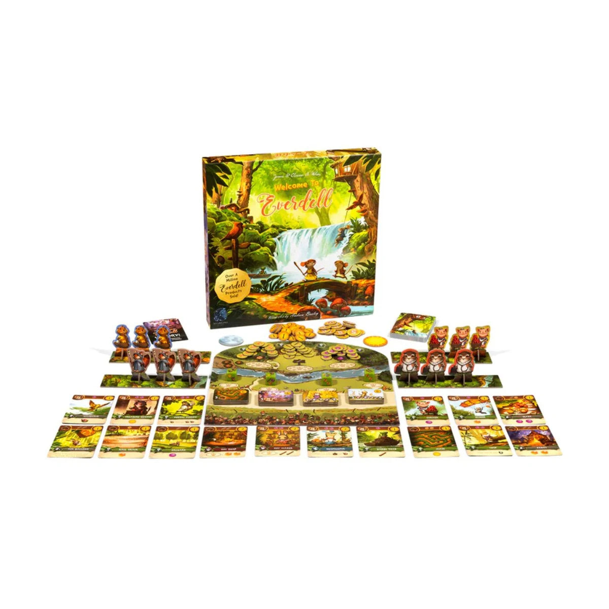 Welcome to Everdell board game with board, cards, critter standees, resources and tokens