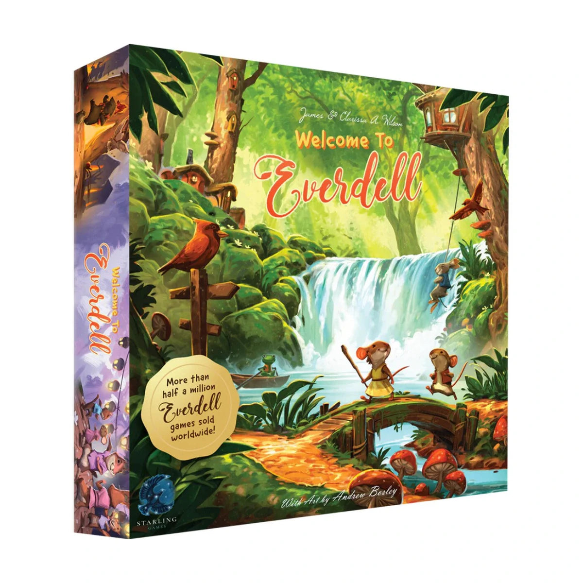 Welcome to Everdell board game box front featuring woodland critters and a waterfall