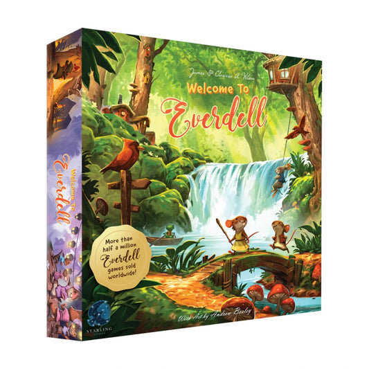 Welcome to Everdell board game box front featuring woodland critters and a waterfall