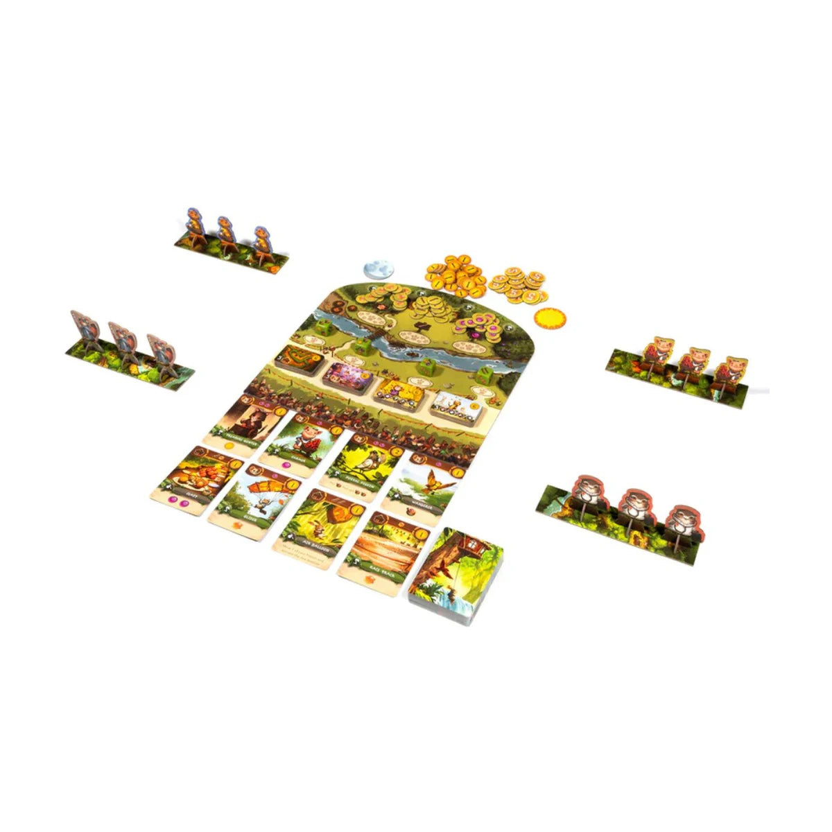 Welcome to Everdell game setup showing the board, cards, resources and critter Friends