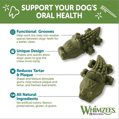 Whimzees alligator dental chew graphic showing oral health benefits for dogs