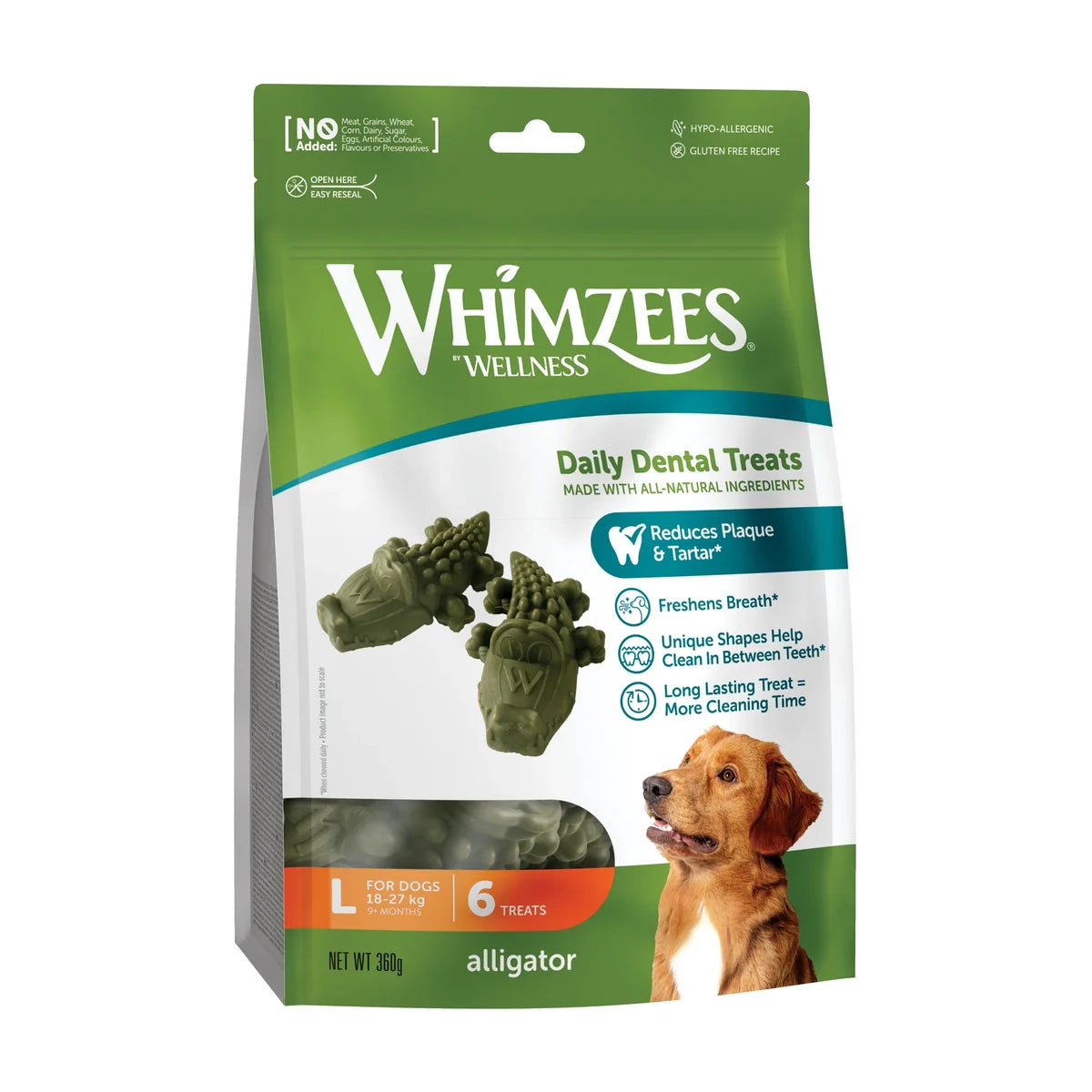 Whimzees Alligator dental chews for dogs large 6 pack front packaging
