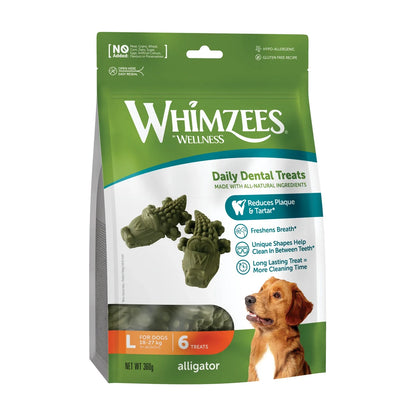 Whimzees Alligator dental chews for dogs large 6 pack front packaging