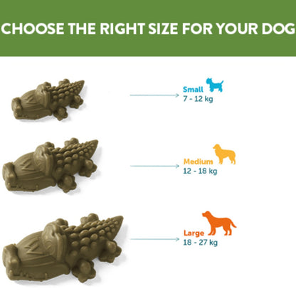 Whimzees alligator large size feeding guide for dogs 18 to 27 kg