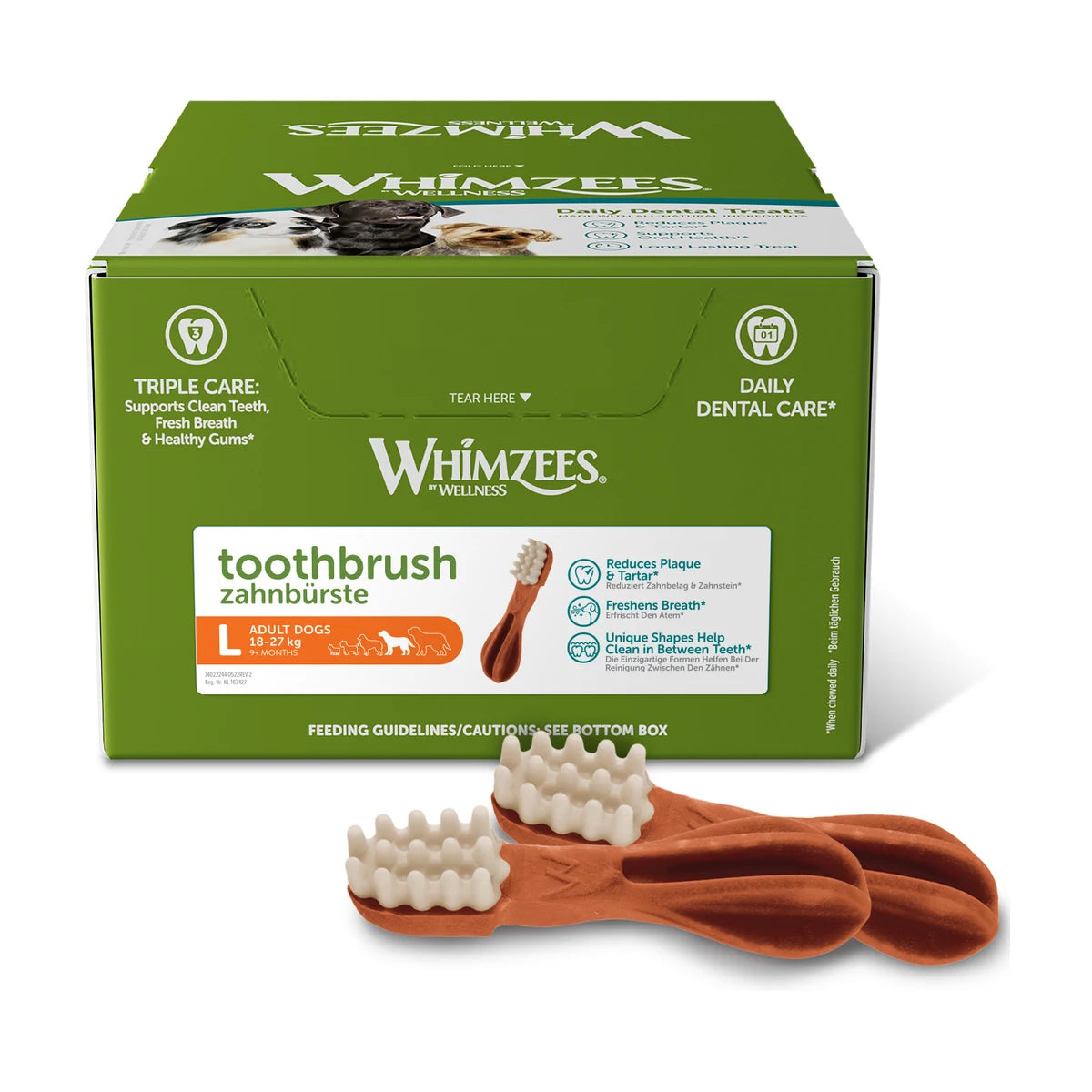 Whimzees Toothbrush Dental Chews Large 30pc box with toothbrush-shaped dog dental treats for dogs 18 to 27 kg