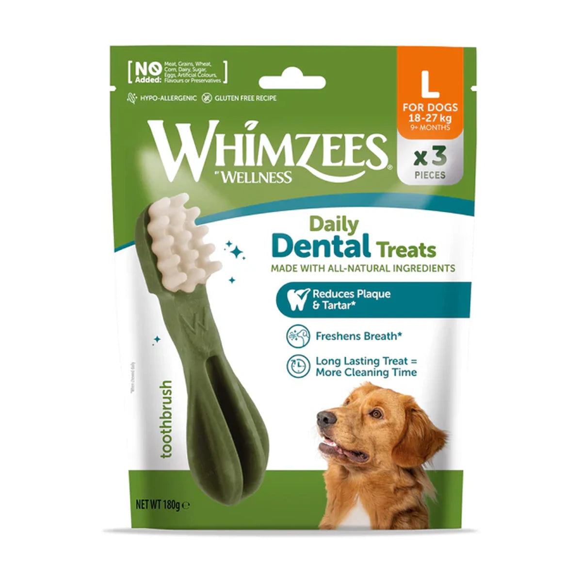 Whimzees Toothbrush Dental Chews Large 3 pcs pouch for daily dog dental care