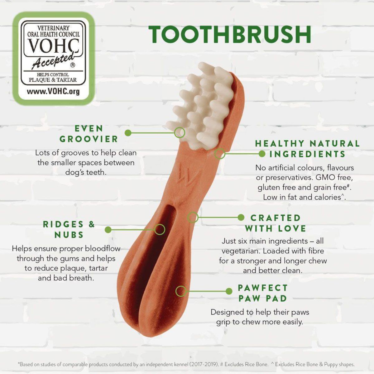 Whimzees toothbrush dental chew shape with grooves ridges and paw grip design