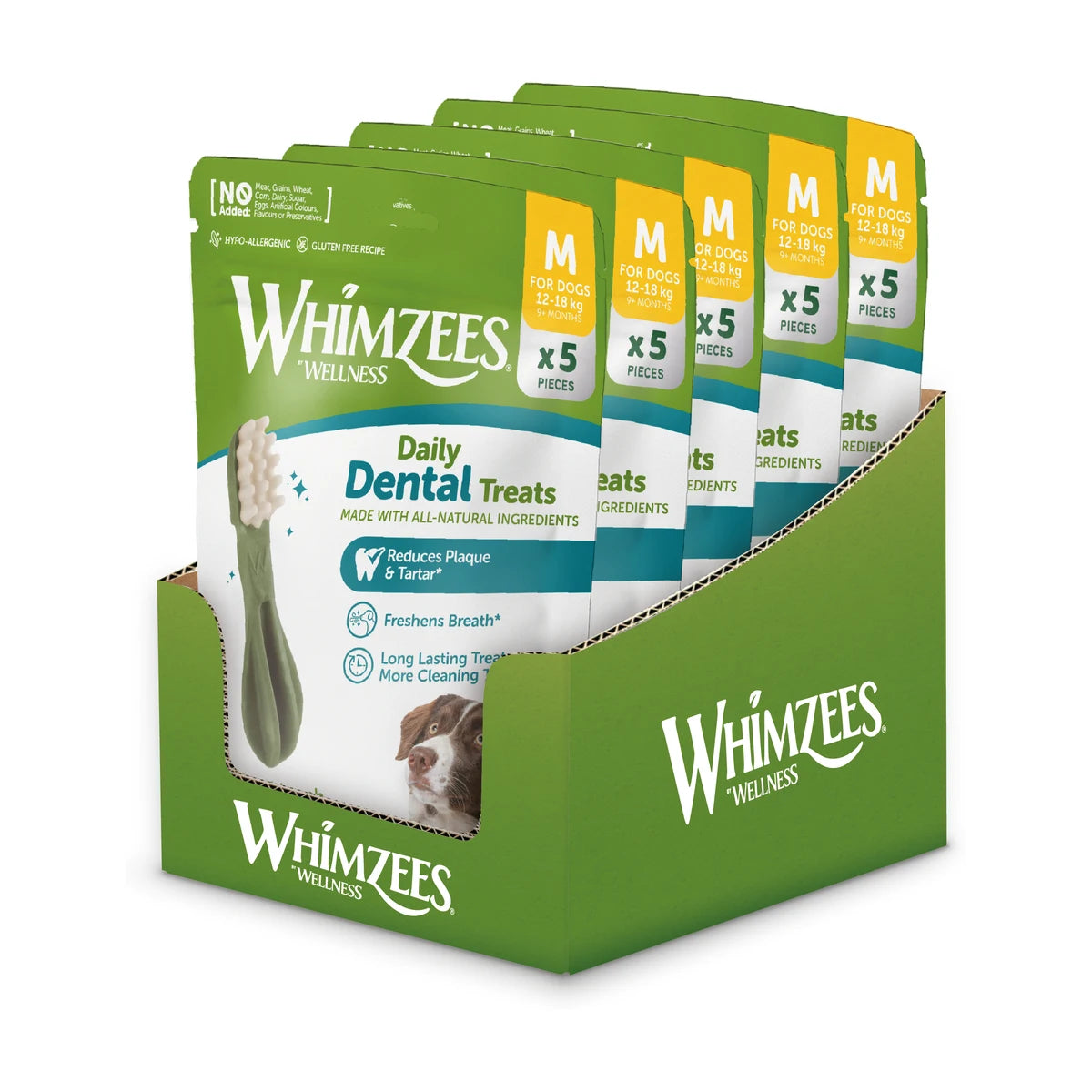Whimzees Toothbrush Dental Chews Medium 5 pcs display box with multiple packs