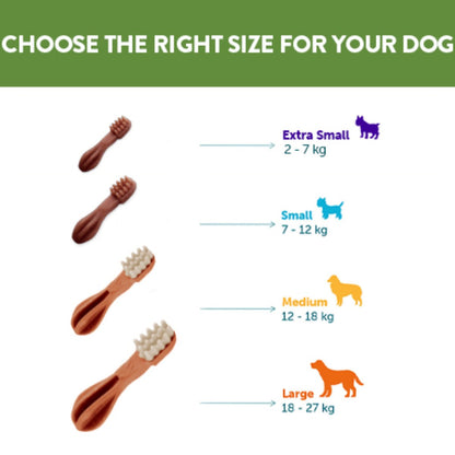 Whimzees Toothbrush dental chew size guide showing Medium for dogs 12 to 18 kg