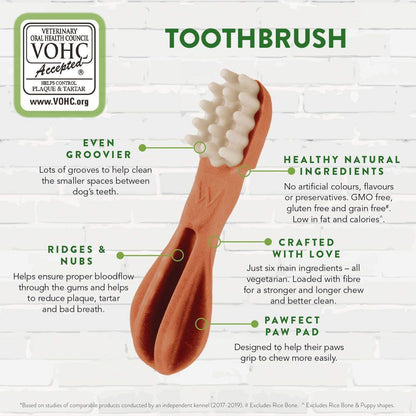 Whimzees toothbrush dental chew feature guide showing grooves ridges nubs and paw grip design