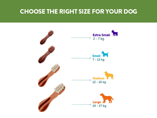 Whimzees toothbrush dental chew size guide showing medium for dogs 12 to 18 kg