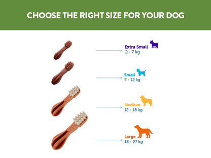 Whimzees toothbrush dental chew size guide showing medium for dogs 12 to 18 kg