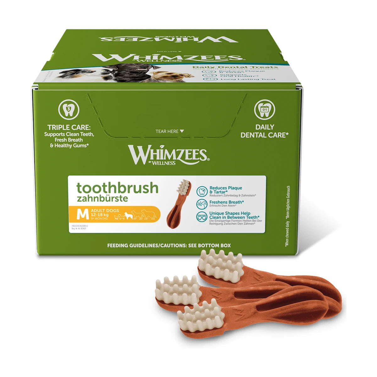 Whimzees Toothbrush Dental Chews for medium dogs 75 piece value box with toothbrush chews