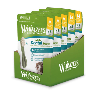 Whimzees medium toothbrush dental chews in green retail display box