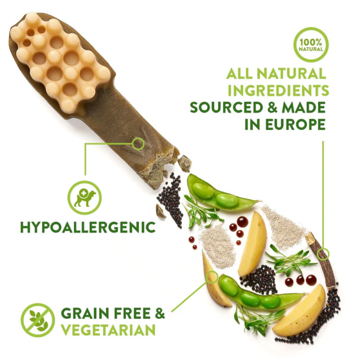 Whimzees dental chew with natural ingredients, grain-free vegetarian and hypoallergenic callouts