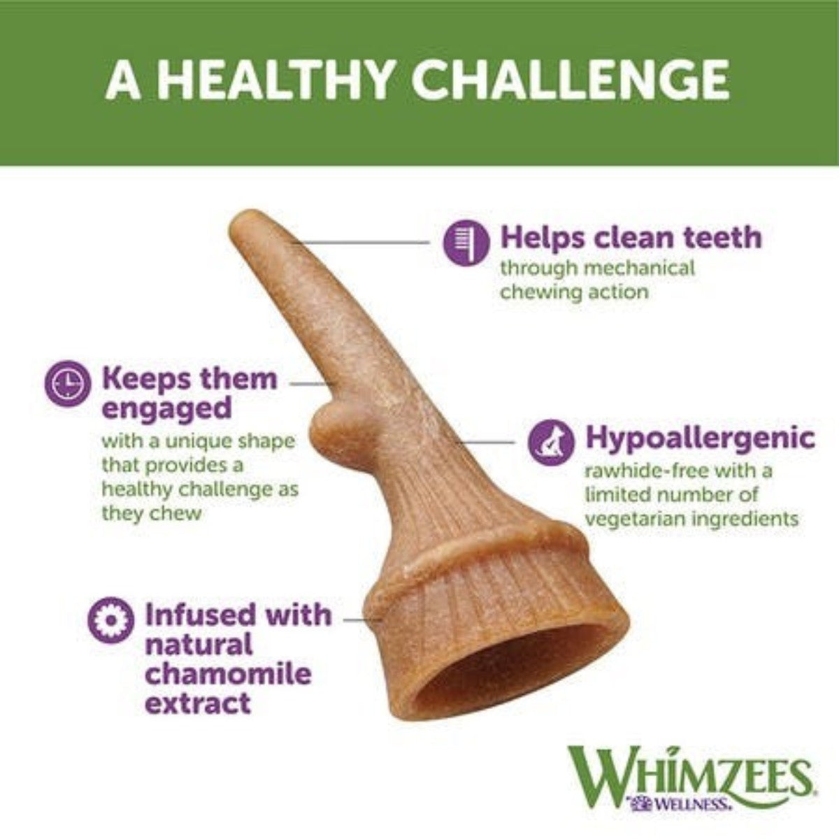 Whimzees antler dental chew benefits graphic showing teeth cleaning and hypoallergenic recipe