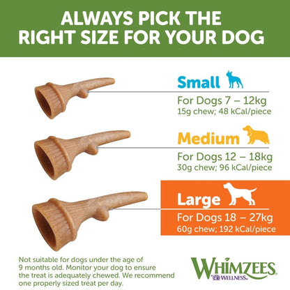 Whimzees antler dental chew size guide showing large for dogs 18 to 27 kg