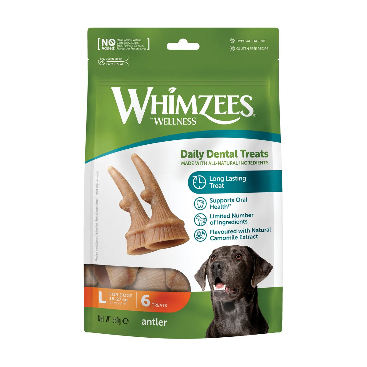 Whimzees Antler dental chews for dogs large 6 pack front packaging
