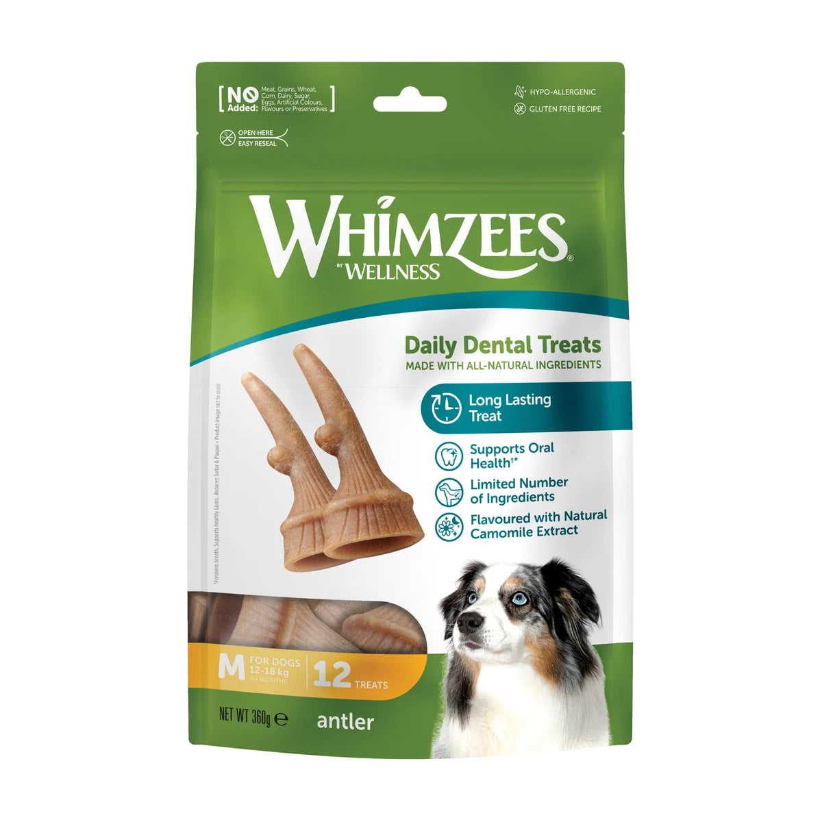 Whimzees Antler dental chews for dogs medium 12 pack front packaging