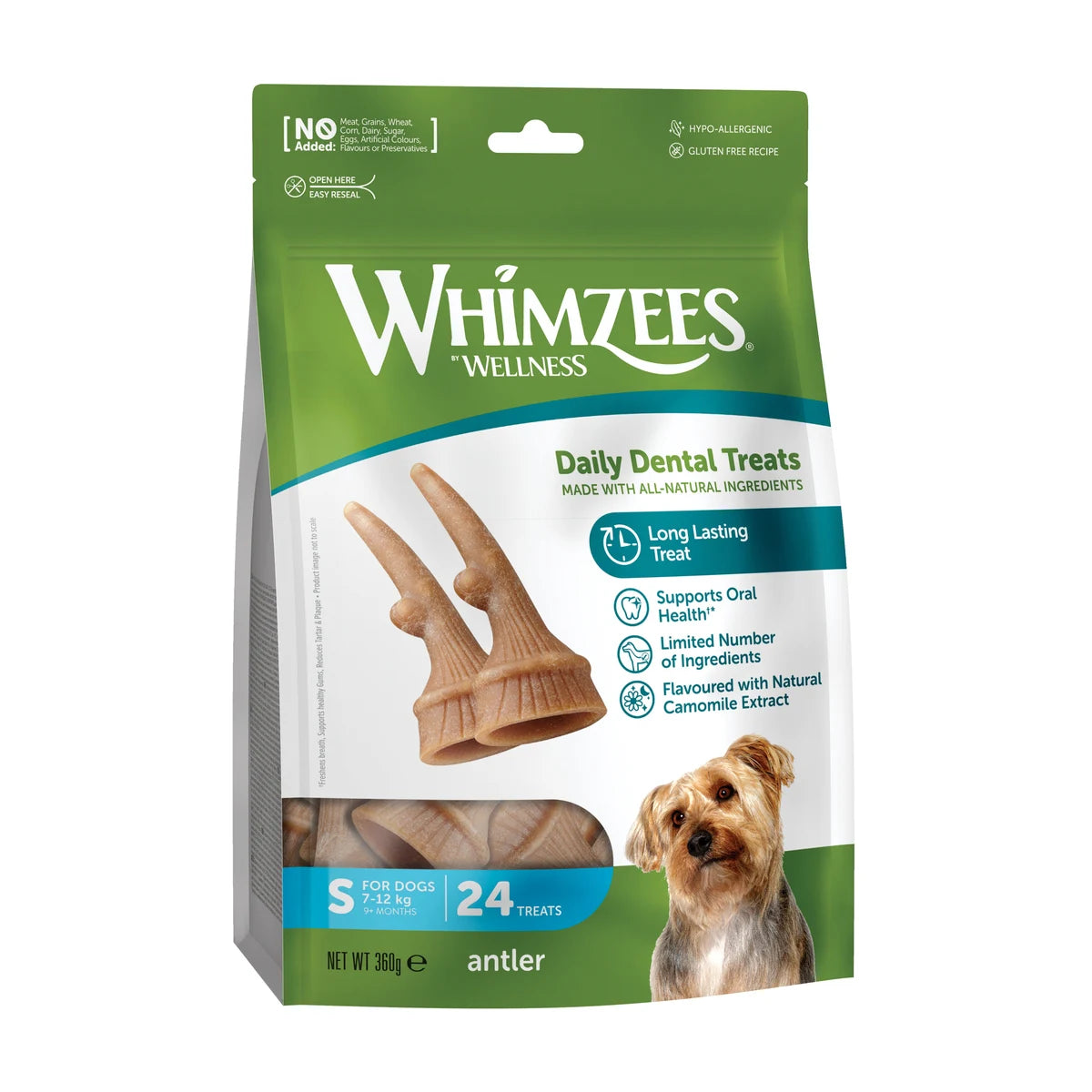 Whimzees Antler dental chews for dogs small 24 pack front packaging
