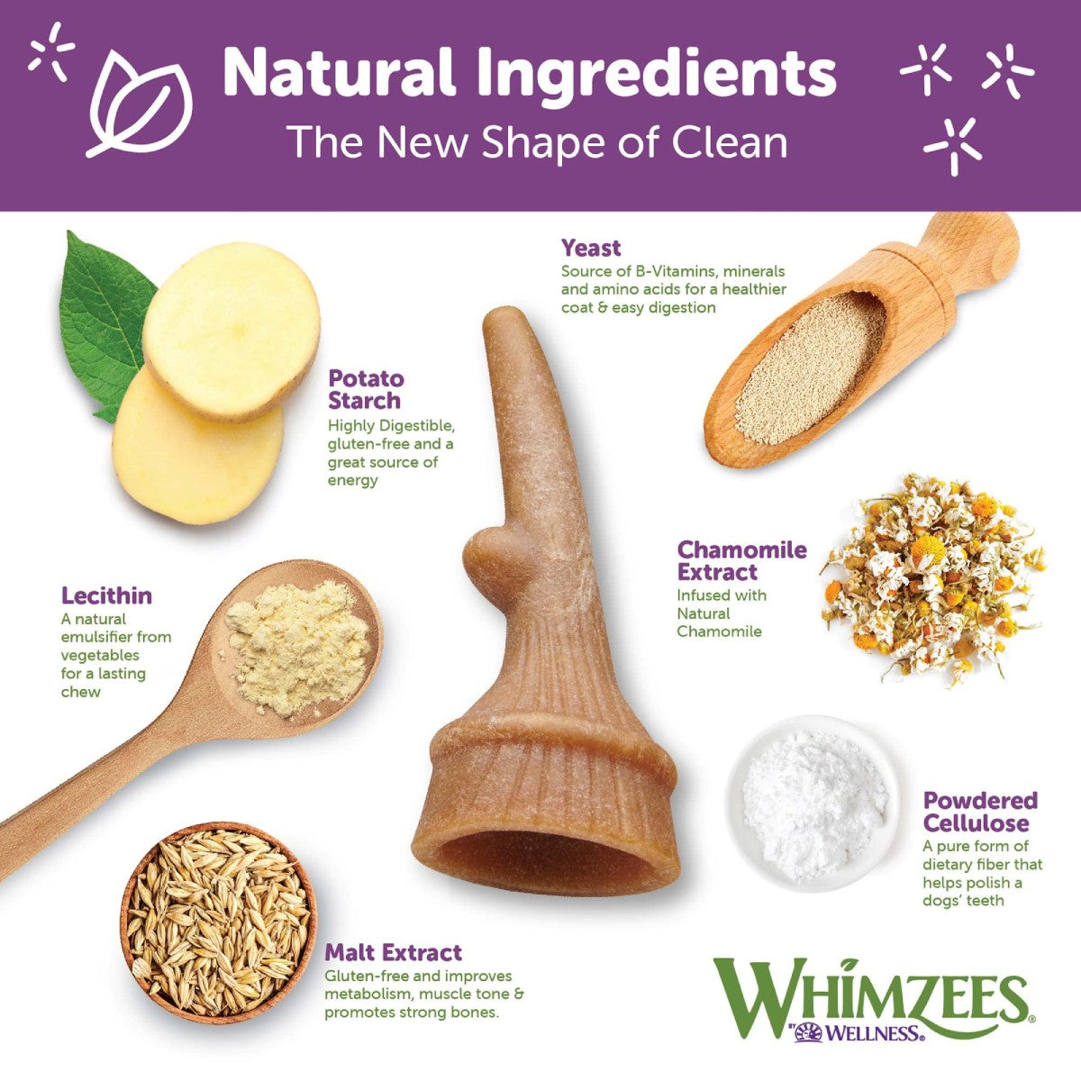 Whimzees antler dog dental chew natural ingredients graphic with chamomile and potato starch