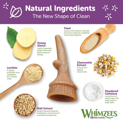 Whimzees antler dog dental chew natural ingredients graphic with chamomile and potato starch