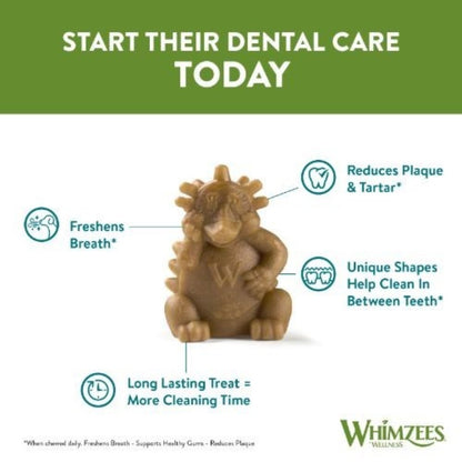 Whimzees Hedgehog Dental Chews for Dogs Large 30pc dental benefits infographic showing plaque reduction fresh breath and longer chewing time
