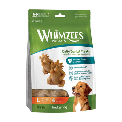 Whimzees Hedgehog Dental Chews for Dogs Large 6pc front pack image for dogs 18 to 27kg