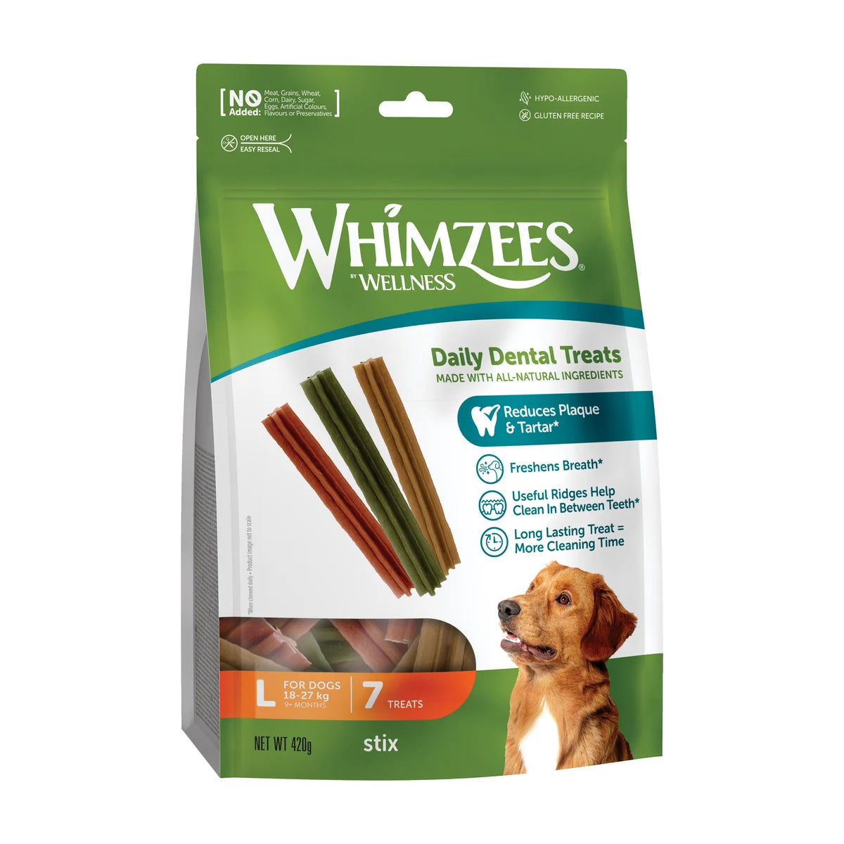 Whimzees Large Stix dental chews for dogs 7 pack front packaging