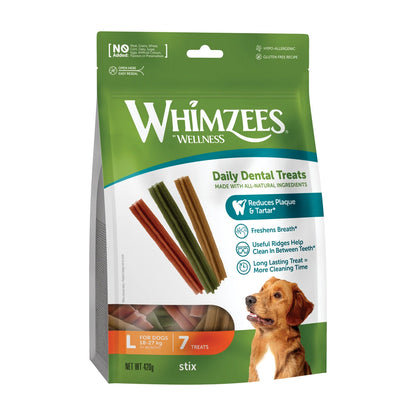 Whimzees Large Stix dental chews for dogs 7 pack front packaging