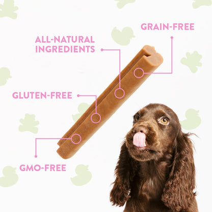 Whimzees Puppy dental treat graphic showing all natural grain free gluten free and GMO free recipe