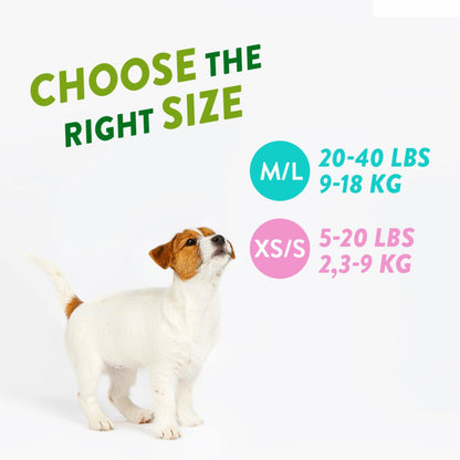 Whimzees Puppy dental treat size guide for XS S and M L puppies