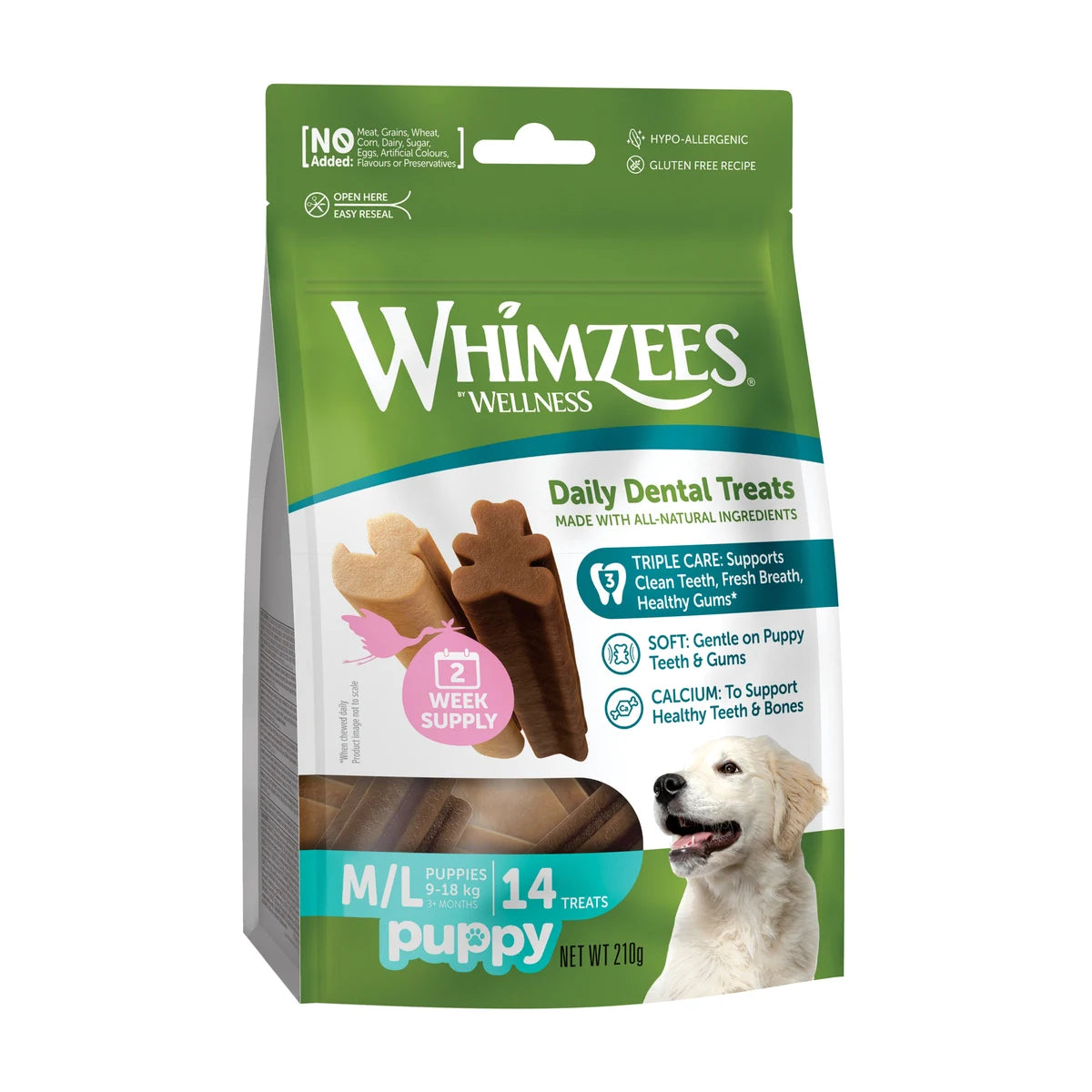 Whimzees Puppy dental treats M L 14 pack front packaging