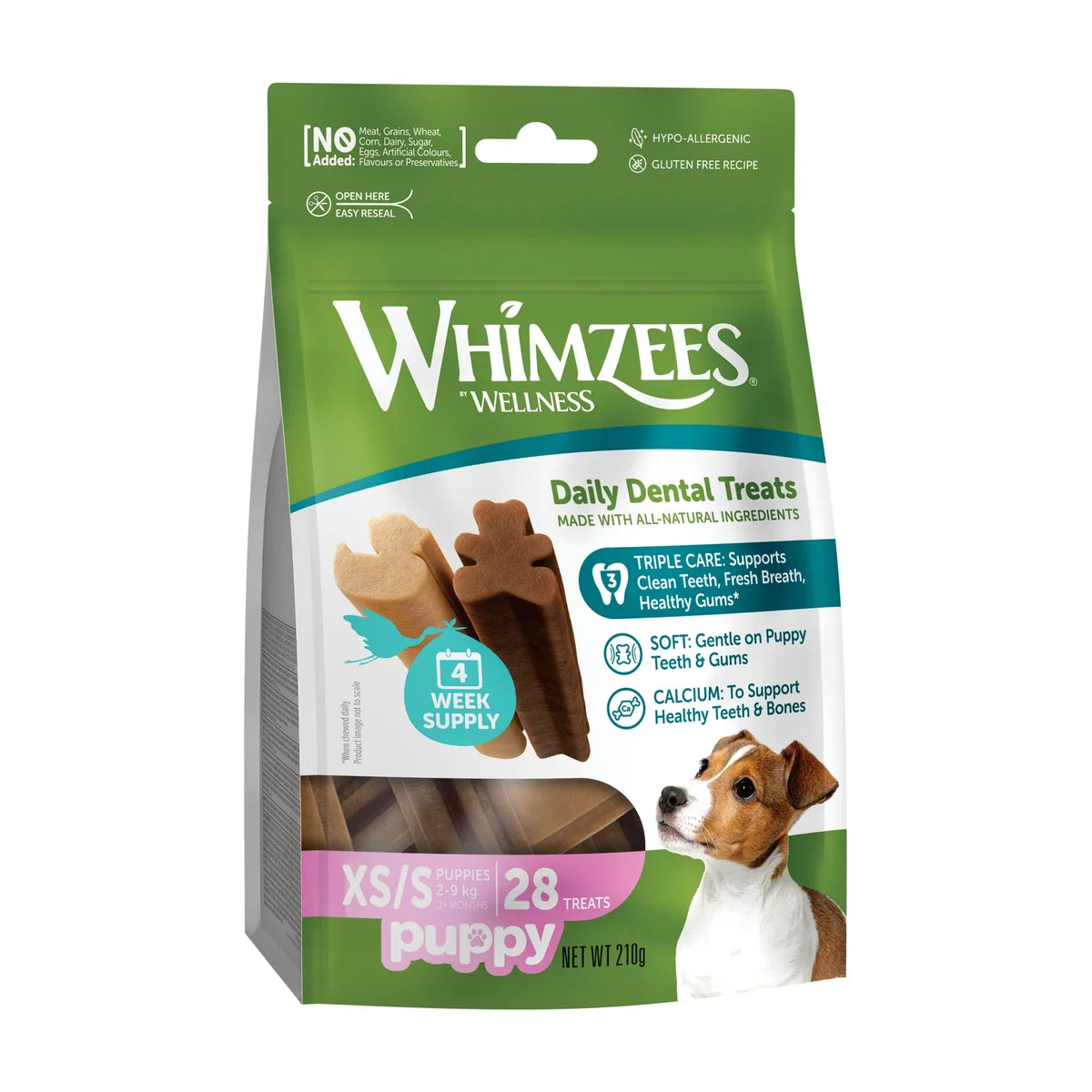 Whimzees Puppy dental treats XS S 28 pack front packaging