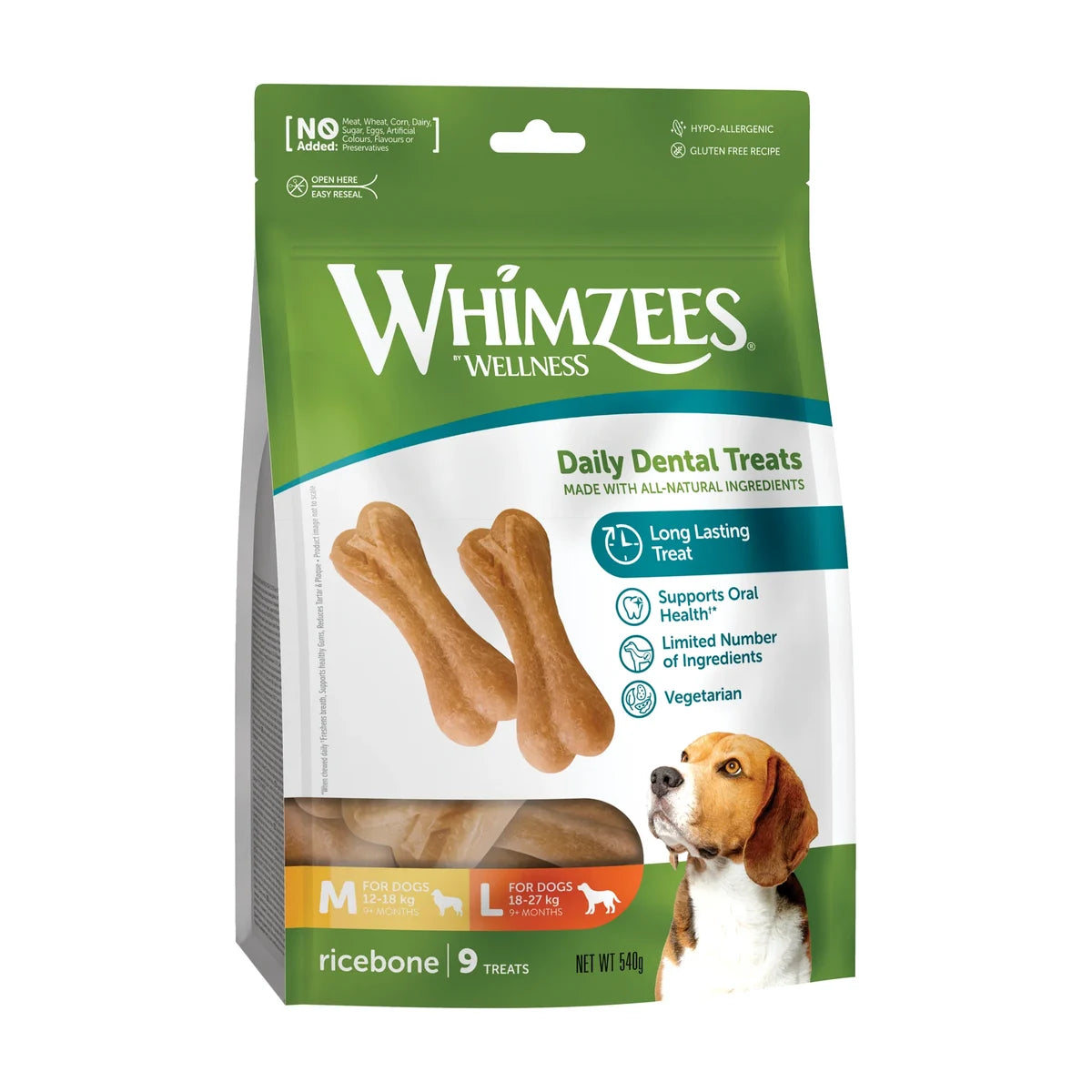 Whimzees Rice Bone dental chews for dogs medium large 9pc pack front