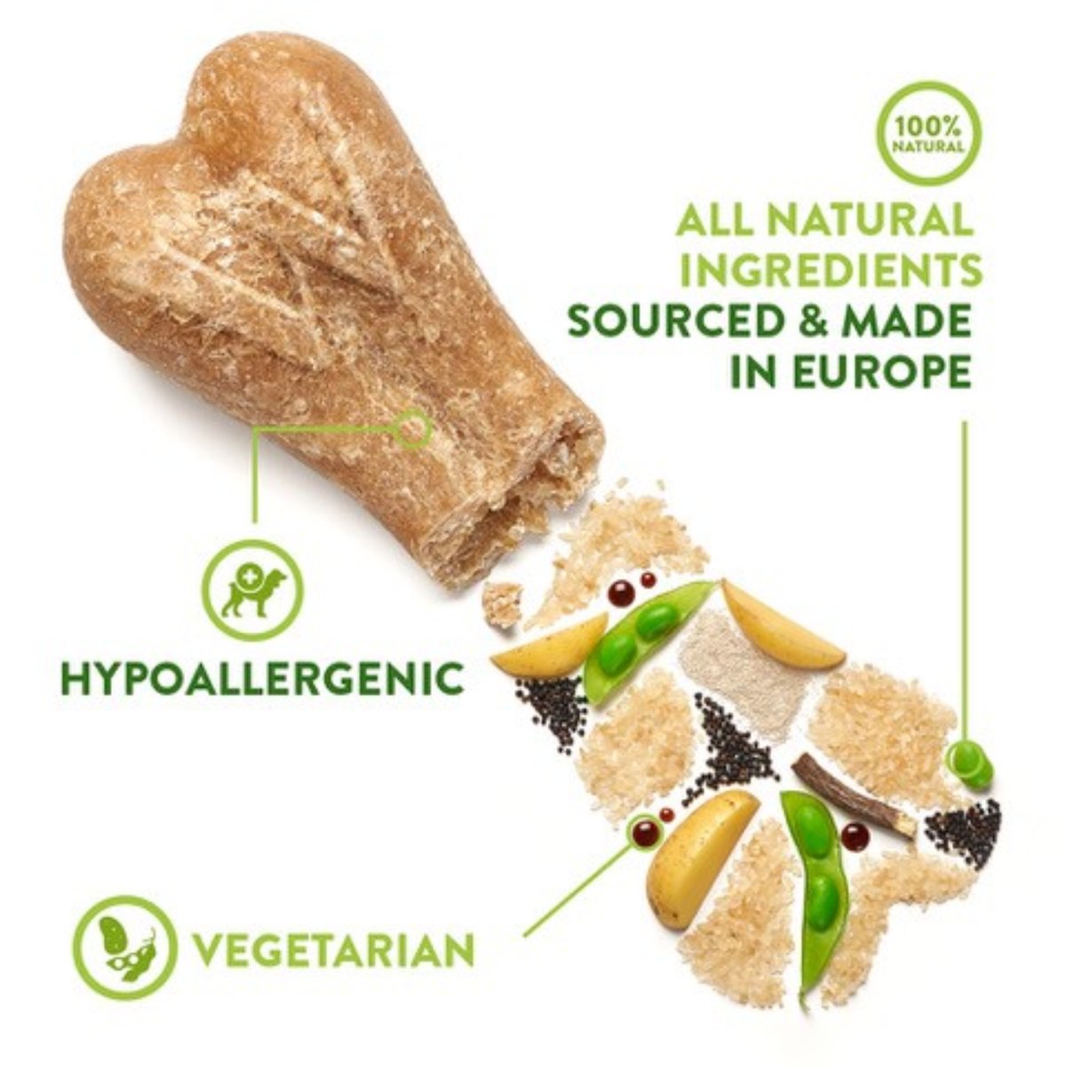 Whimzees Rice Bone dental chews for medium large dogs 9pc hypoallergenic vegetarian infographic