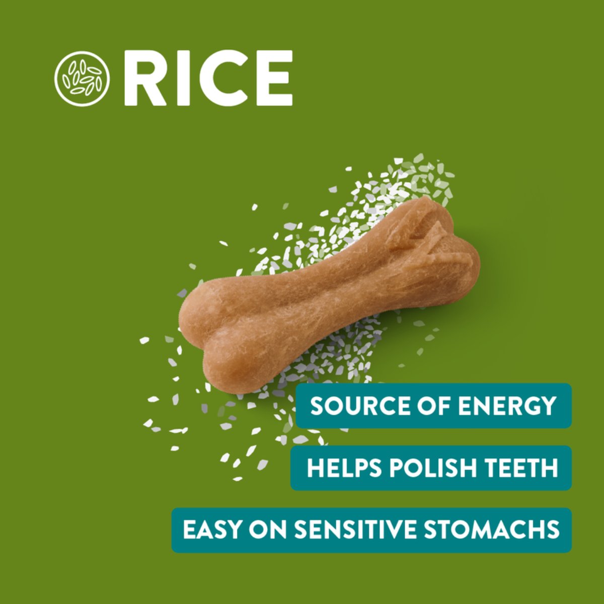 Whimzees Rice Bone dental chew for dogs medium large 9pc rice ingredient benefits infographic