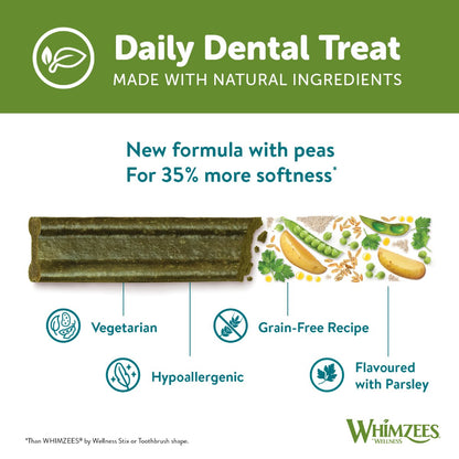 Whimzees Soft dental treat benefits graphic showing vegetarian grain free and hypoallergenic recipe