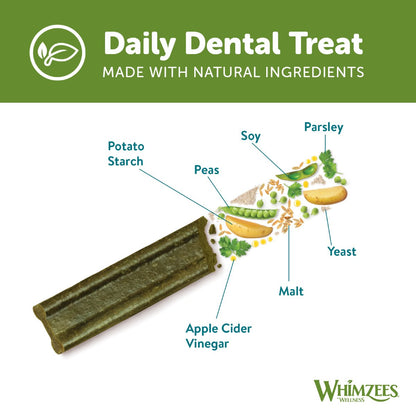 Whimzees Soft dental treat ingredients graphic showing peas parsley yeast and potato starch