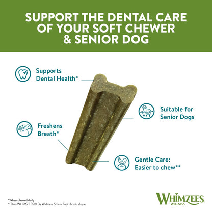 Whimzees Soft dental treat graphic showing support for soft chewers and senior dog