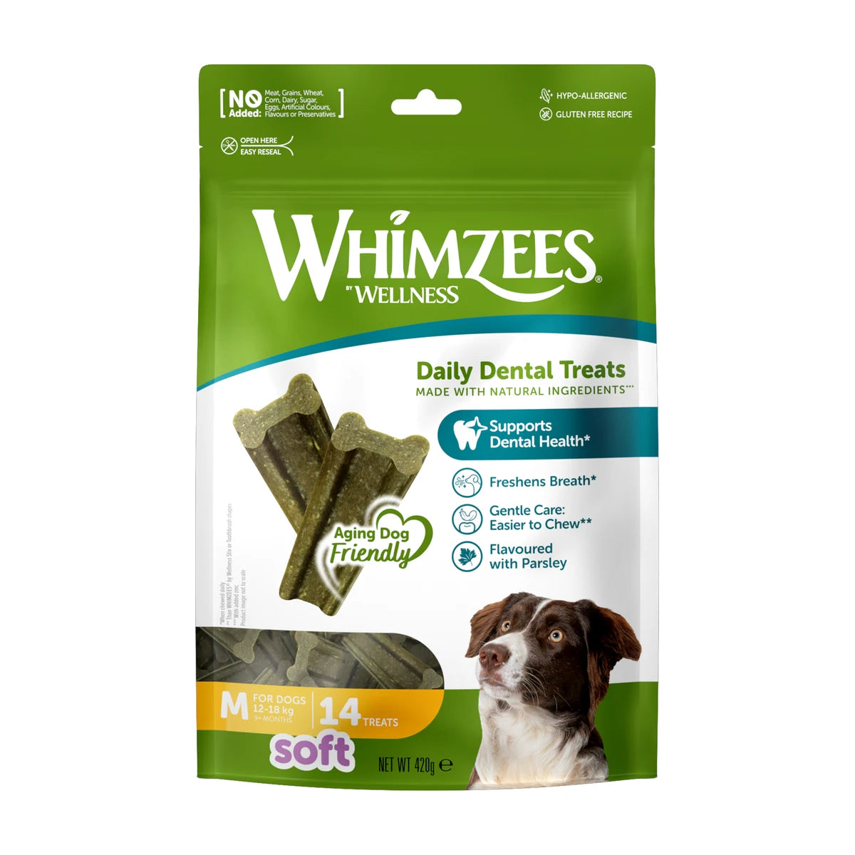 Whimzees Soft dental treats for dogs medium 14 pack front packaging