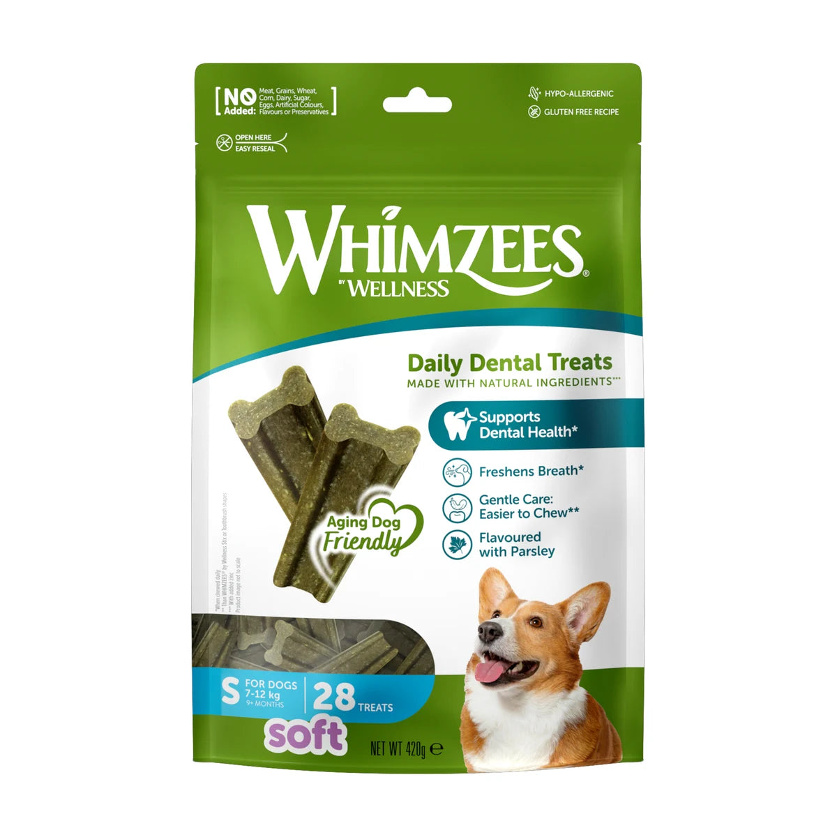 Whimzees Soft dental treats for dogs small 28 pack front packaging