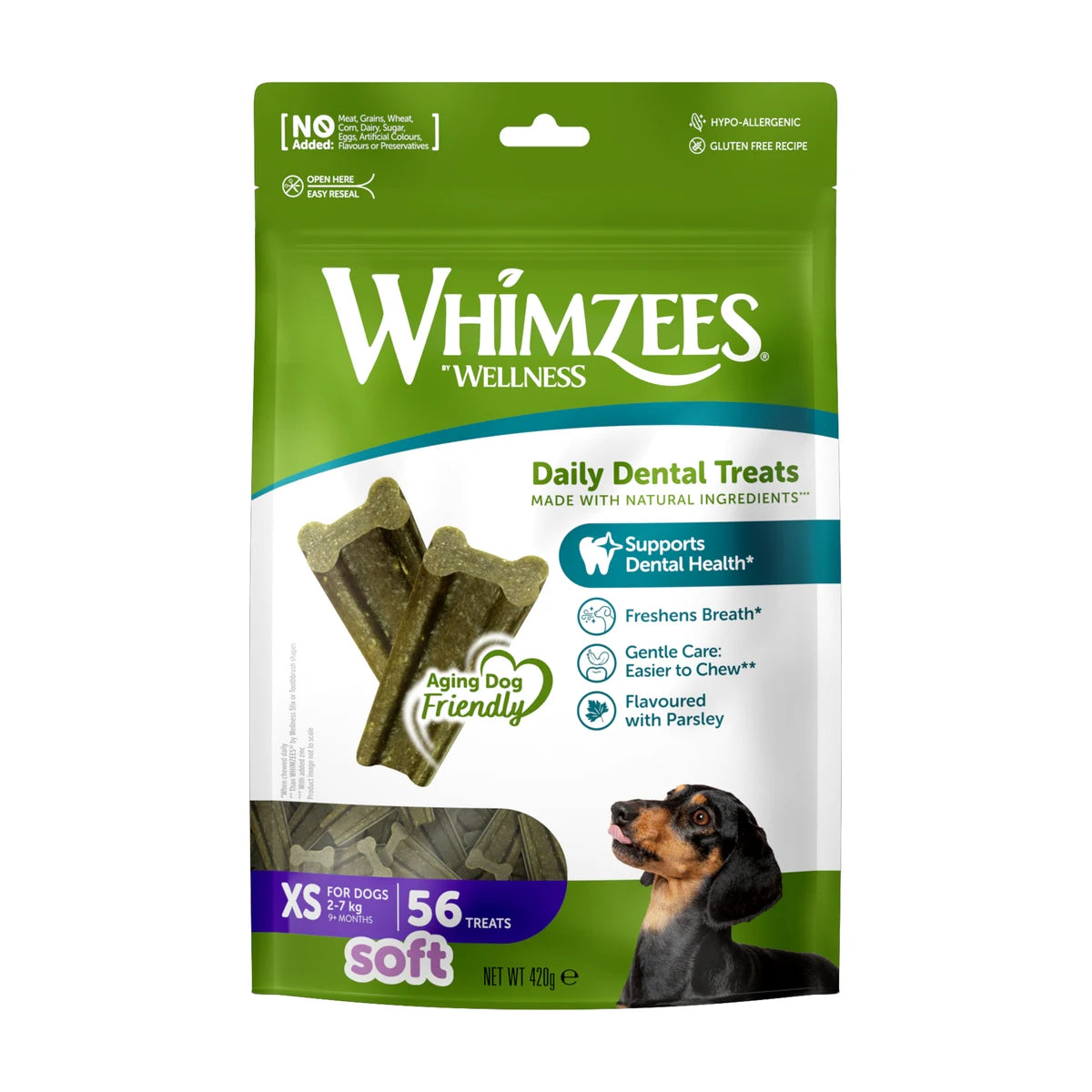 Whimzees Soft dental treats for dogs XS 56 pack front packaging