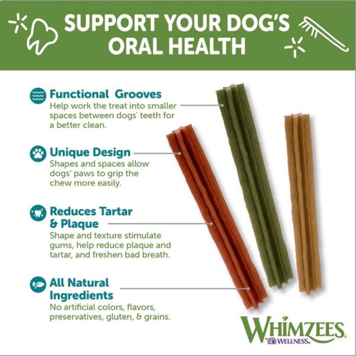 Whimzees Stix medium 100 pack dental chew graphic showing oral health benefits and plaque reduction