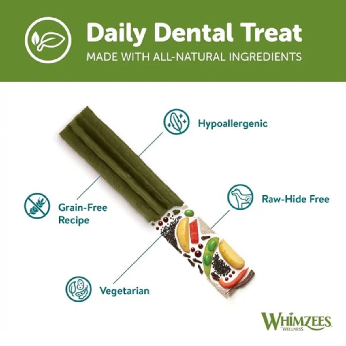 Whimzees Stix medium 100 pack dental chew graphic showing grain free vegetarian and rawhide free recipe