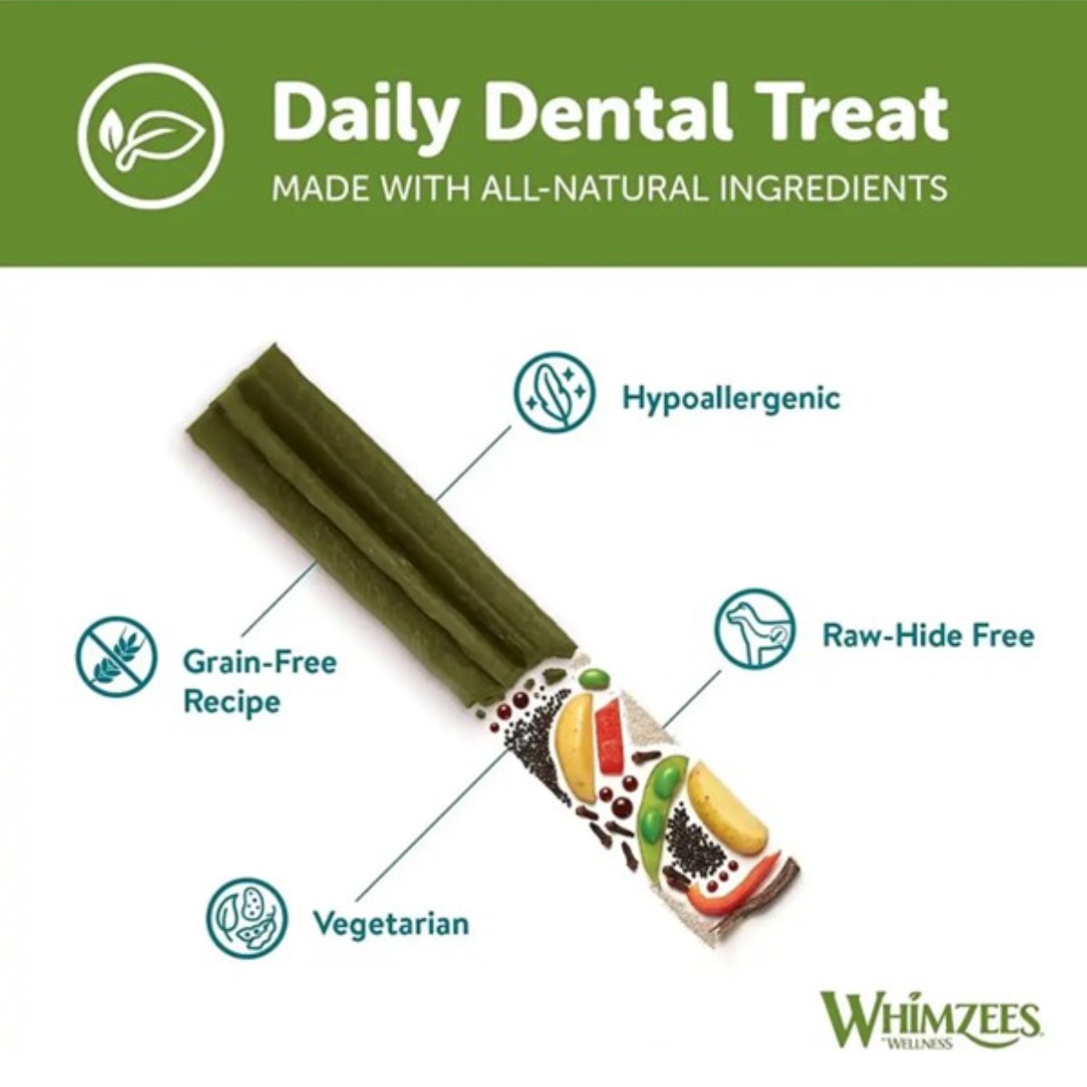 Whimzees Stix medium 14 pack dental chew graphic showing grain free vegetarian and rawhide free recipe