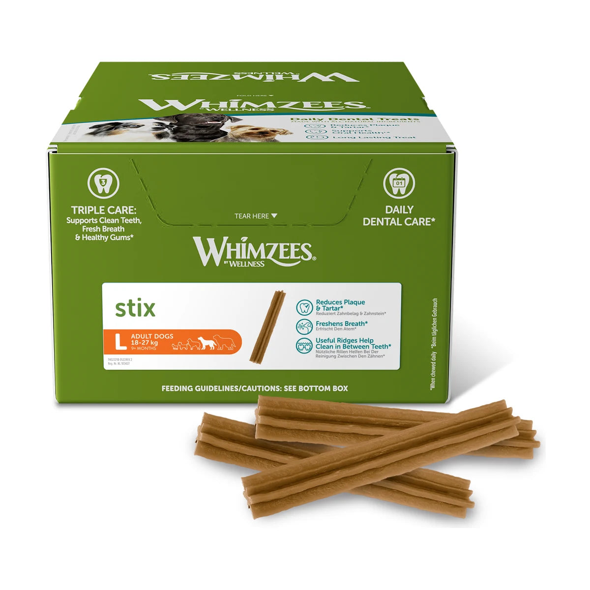 Whimzees Stix dental chews for dogs large 50 pack value box front packaging