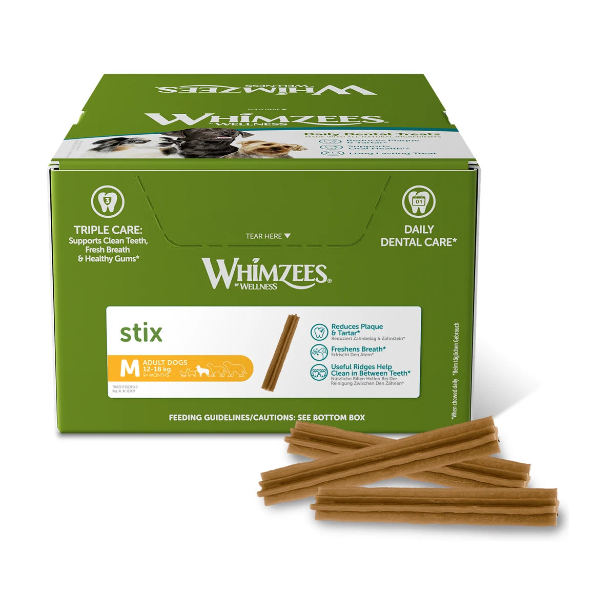 Whimzees Stix dental chews for dogs medium 100 pack value box front packaging